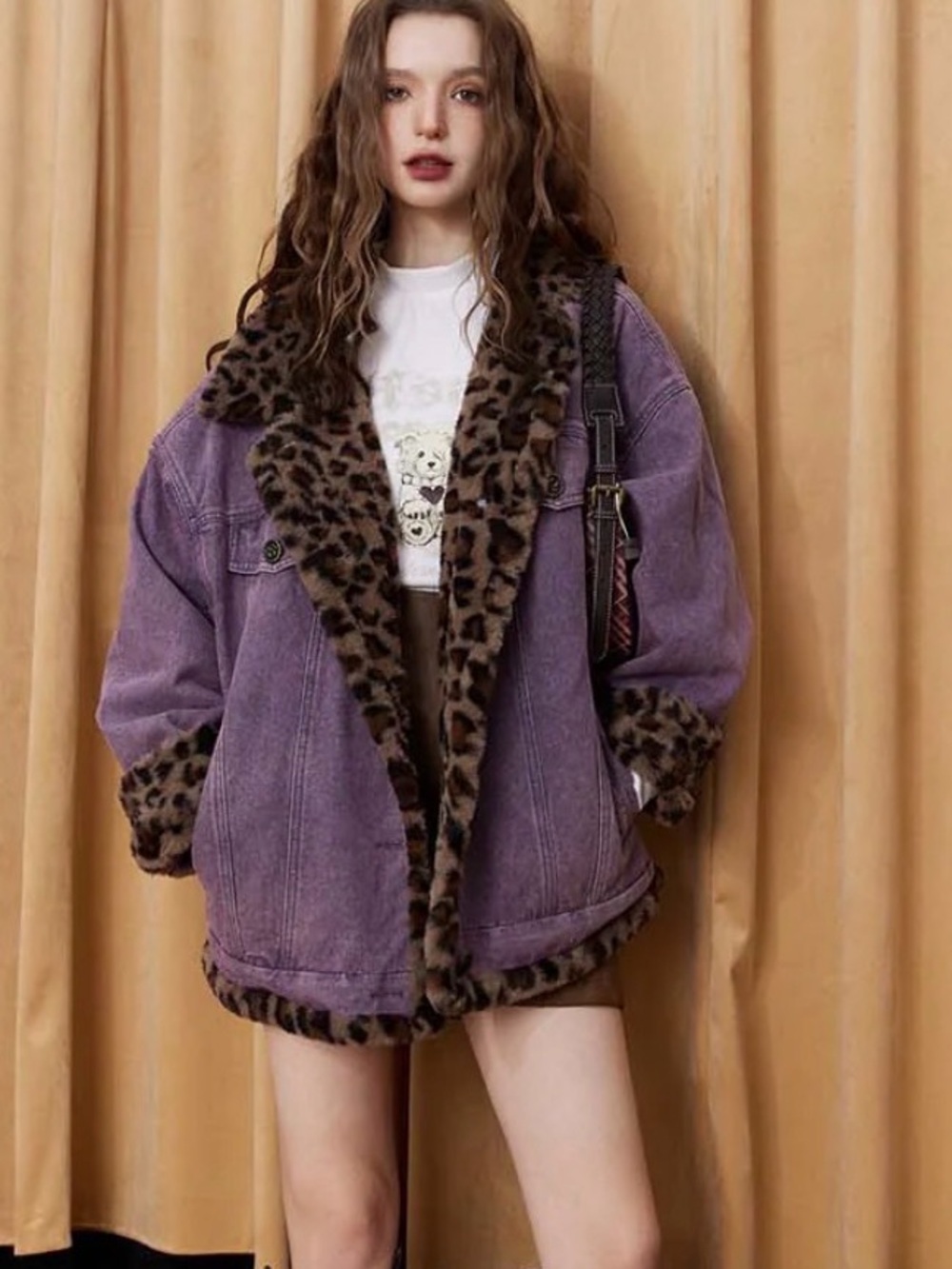 Women's Purple Denim Jacket with Leopard Faux-Fur Trim